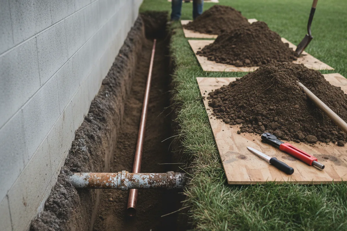 Excavated water line trench during Water Softener Installation in Saint Johnsbury